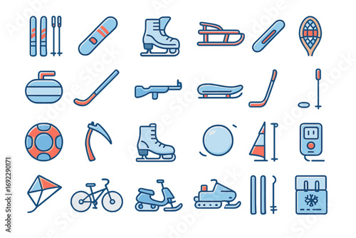Various winter sports equipment and activities displayed in a fun and colorful design featuring snow and ice activities