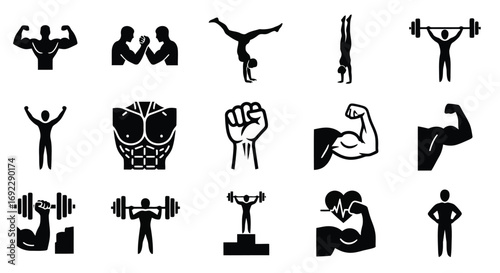 Collection of fitness icons showcasing strength, exercise, and bodybuilding