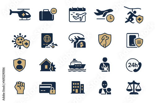 Travel and health icons illustrating emergency services and safety measures for safe journeys
