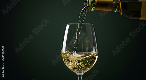 Banner of Pouring a Glass of White Wine A close-up shot of white wine being poured into a glass against a dark background.