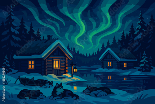 Illustration of a serene winter night with northern lights above cozy cabins, husky dogs resting in the snow, and a peaceful frozen lake, creating a tranquil and magical atmosphere