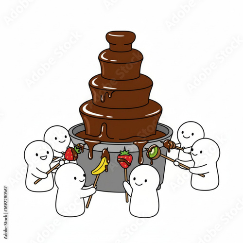 Cartoon characters happily enjoying a chocolate fountain by dipping fruits like strawberries, bananas, and kiwis