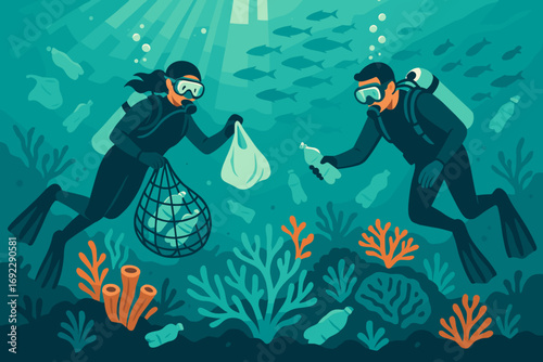 Underwater illustration of scuba divers removing plastic waste from the ocean, collecting bottles and bags among coral reefs, promoting marine conservation and environmental responsibility