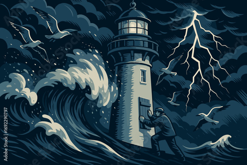 Stormy lighthouse scene with crashing waves, lightning, and a lighthouse keeper braving the storm