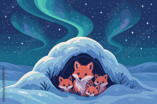 Cute fox family peeking from snowy den under starry sky and northern lights in winter landscape