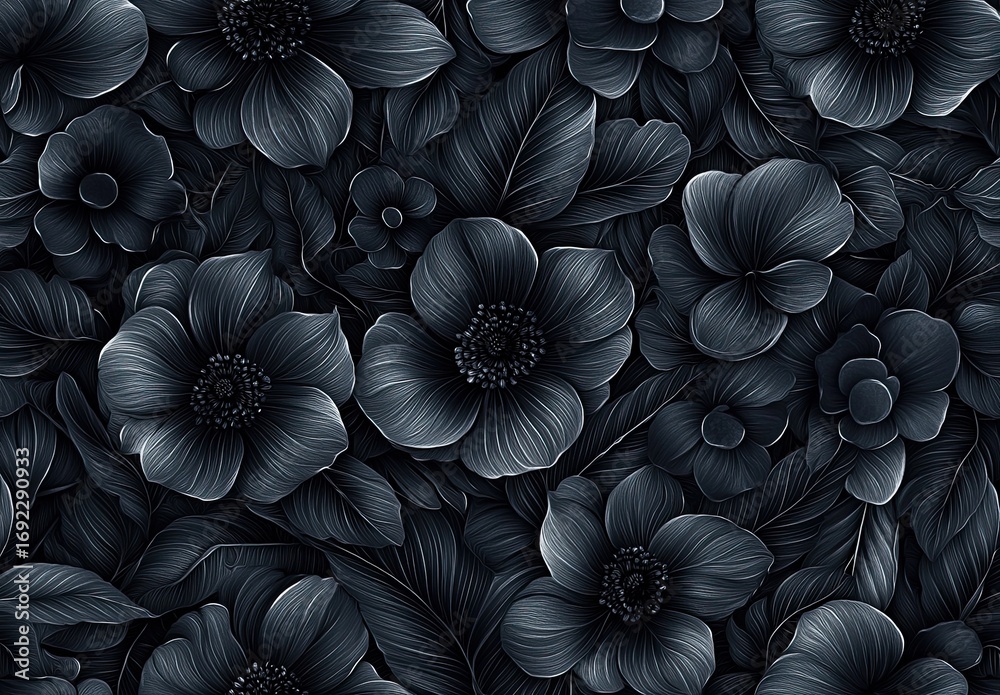 A seamless pattern of black flowers and leaves