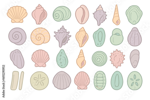 Pastel sea shell icon collection with hand-drawn marine shell designs in soft colors on a coastal gradient background