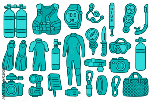 Comprehensive scuba diving equipment icon set with wetsuits, tanks, fins, knives, gauges, cameras, and accessories on teal gradient background