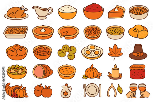 Colorful hand-drawn Thanksgiving icon set featuring traditional foods, autumn harvest symbols, and festive celebration elements