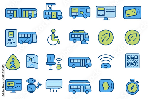 Urban mobility icons showing buses, accessibility features, and digital tools for modern city transportation solutions