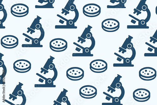 Seamless Science Pattern with Microscopes and Petri Dishes in Minimalist Style
