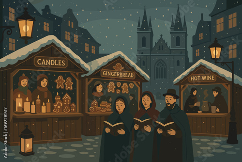 Traditional Christmas market illustration with carolers, gingerbread and candle stalls, and hot wine under falling snow