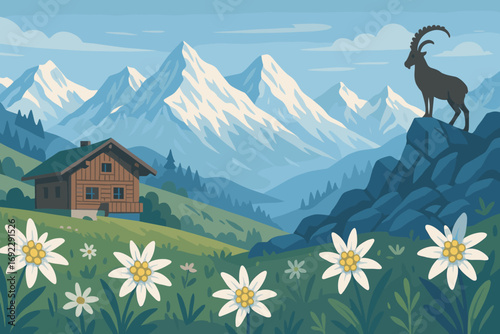 Alpine landscape illustration with mountain cabin, ibex on rocky cliff, edelweiss flowers, and snowy peaks