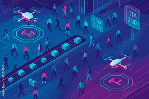 Futuristic urban logistics illustration with drones, delivery conveyors, digital ETA signs, and walking commuters