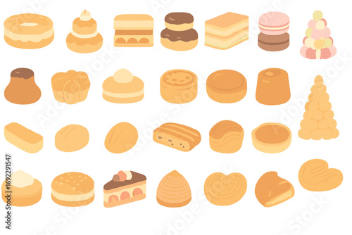Assorted French pastries and desserts in soft pastel tones on golden background