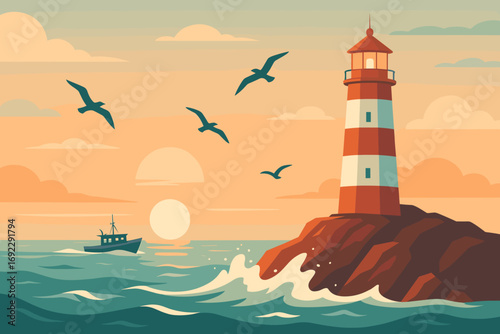 Lighthouse on Rocky Coast with Crashing Waves, Seagulls, and Fishing Boat at Sunset in Minimalist Vintage Style