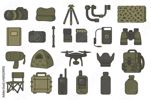 Field photography and wildlife observation equipment illustration with camera gear, drone, binoculars, and survival tools in hand-drawn flat design