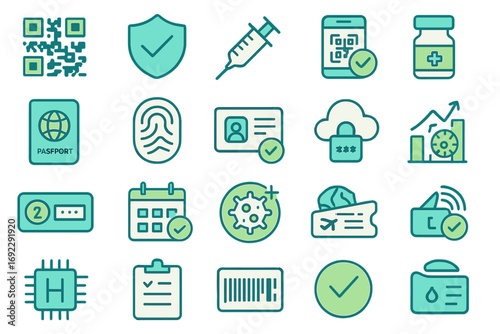 Digital health and identity verification icon set with modern flat style, biometric, vaccine, QR code, and secure access elements on teal background