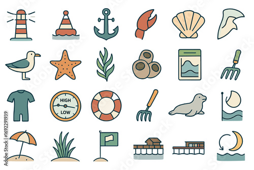 Stylized beach and ocean icons with colorful flat design, nautical and coastal vector elements on a soft gradient background