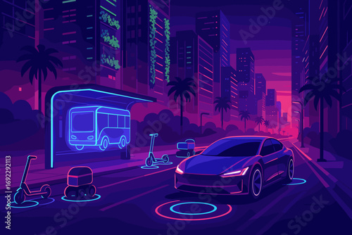 Neon futuristic city street with electric vehicles, autonomous delivery robots, and smart bus station at night