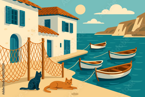 Charming seaside village with traditional white houses, moored fishing boats, and lounging cats under the summer sun