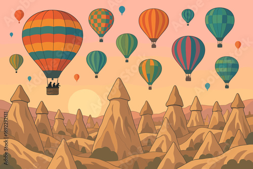 Colorful hot air balloons flying over Cappadocia fairy chimneys at sunrise in scenic landscape illustration