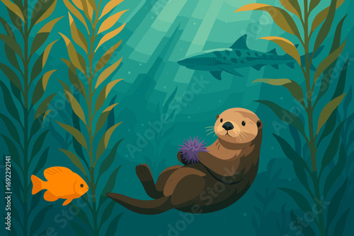 Cute cartoon sea otter floating in kelp forest with sea urchin, orange fish and shark in underwater scene