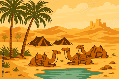 Camels resting by a desert oasis with palm trees, tents, and distant sand dunes at sunset