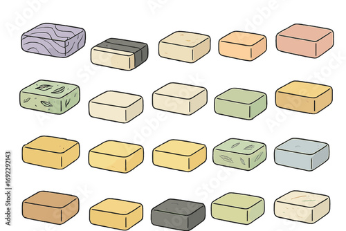 Hand-drawn variety of artisanal soap bars in pastel and earthy colors with texture details and natural ingredients