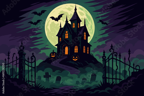 Haunted hilltop house with glowing jack-o'-lanterns, full moon, flying bats, and foggy graveyard on Halloween night