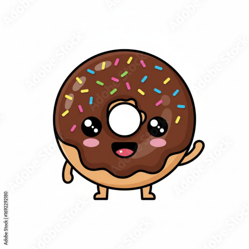 A cute, cartoon-style doughnut with a happy face, chocolate frosting, and colorful sprinkles.