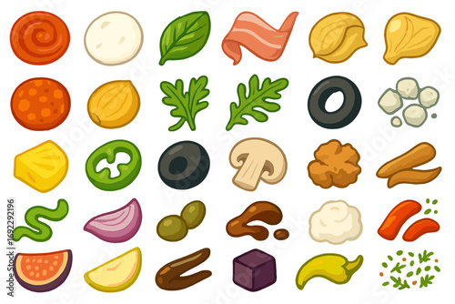 Cartoon pizza toppings collection with meat, cheese, vegetables, and herbs in colorful illustration