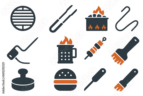 Dark-themed barbecue icon set featuring grilling tools, flames, skewers, burger, smoker, basting brushes, and charcoal accessories with glowing orange highlights