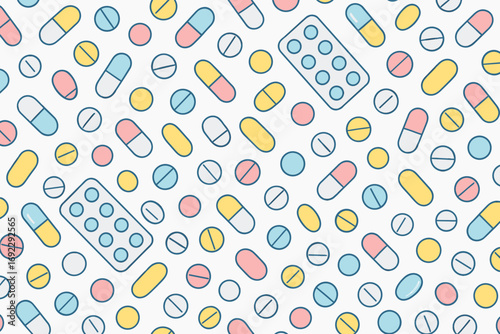 Colorful pattern of various pills and capsules scattered across a light background in a creative design layout