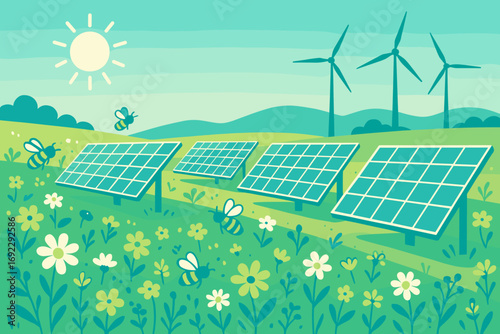 Bright solar panels harnessing energy in a flowering field with wind turbines in the background