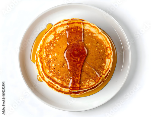 Stack of Golden Pancakes Drizzled with Syrup on a White Plate Isolated Against White Background