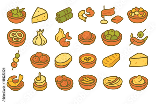 Various colorful food icons including vegetables, seafood, and cheese displayed on a white background