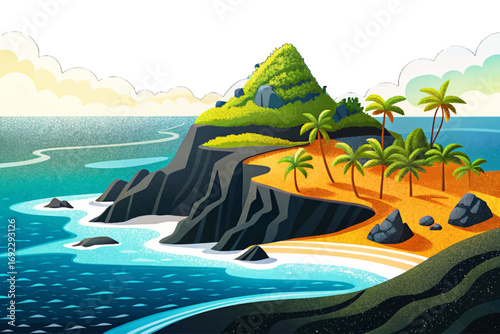Isolated volcanic island with black sand beach and cliffs, untouched exotic beauty