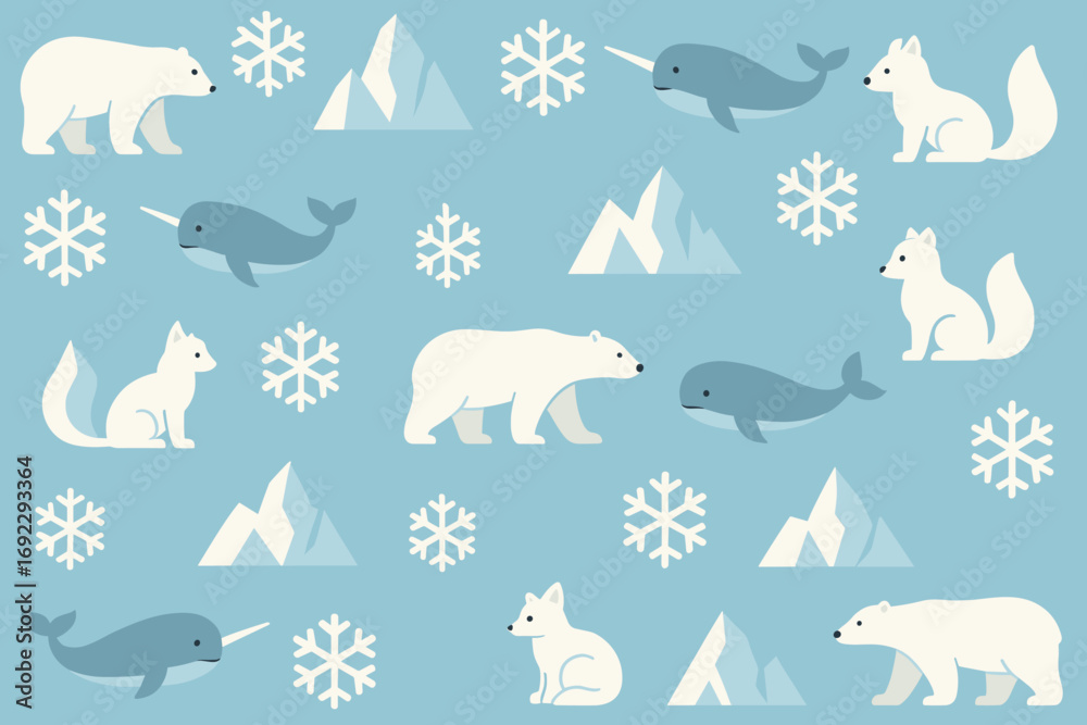 Fototapeta premium Illustration featuring arctic animals and landscapes in snowy blue tones with playful elements for a winter theme