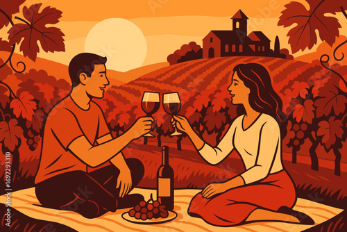Couple enjoys a romantic picnic with wine and grapes in a vineyard at sunset