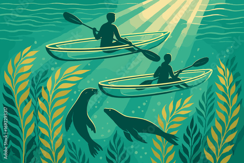 Kayakers explore underwater world while seals swim around in tranquil waters