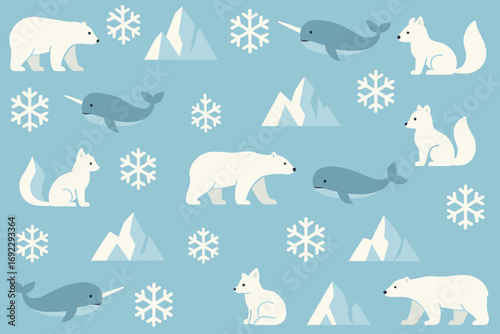 Illustration featuring arctic animals and landscapes in snowy blue tones with playful elements for a winter theme