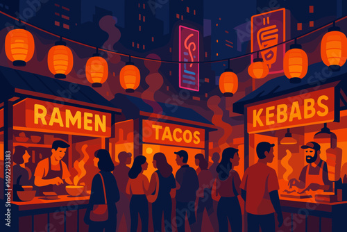 Night market bustling with ramen, tacos, and kebabs in a vibrant city atmosphere