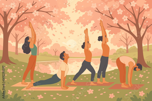 Group practice of yoga poses among cherry blossom trees by a serene lake in springtime