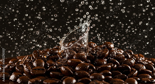 Dynamic water splash over rich dark coffee beans creating a refreshing, aromatic visual for cafes