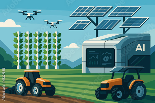 Modern agriculture combines technology and sustainability in a vibrant farm landscape with solar panels and AI innovation