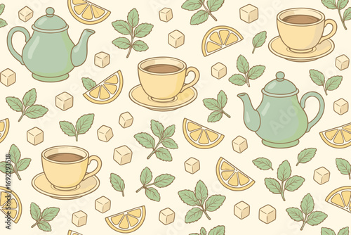 Tea time pattern featuring teapots, cups, lemons, mint leaves, and sugar cubes in a light color scheme