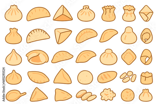 Diverse collection of dumplings displayed on a flat surface showcasing various shapes in a vibrant and inviting arrangement