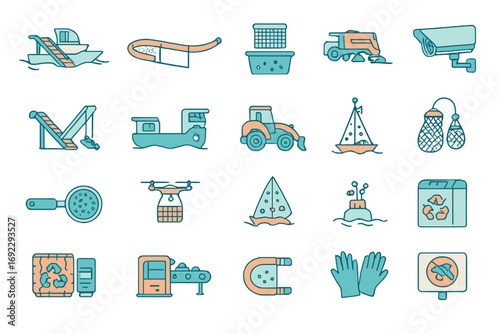 Collection of icons representing various environmental protection activities and tools for cleaning waterways and promoting sustainability