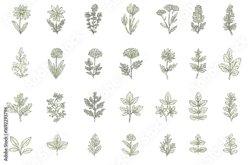 Botanical illustrations of various herbs and plants showcasing delicate details and textures